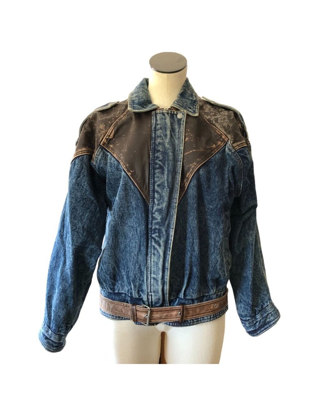 BB Dakota Size Small Blue Denim Leather Oversized Trucker Jacket Vintage